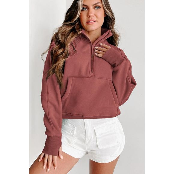 Azura Exchange  Brown Zip Up Stand Collar Ribbed Thumbhole Sleeve Sweatshirt - Picture 5 of 6